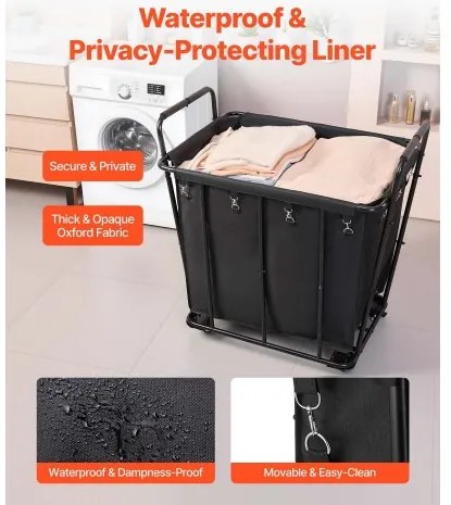VEVOR Laundry Cart, Rolling Grocery Utility Cart with Waterproof Liner & Swivel Wheels, 118 KG Large Load Capacity, Heavy Duty Shopping Basket for Laundry, Shopping, Camping, Grocery, Luggage, Black