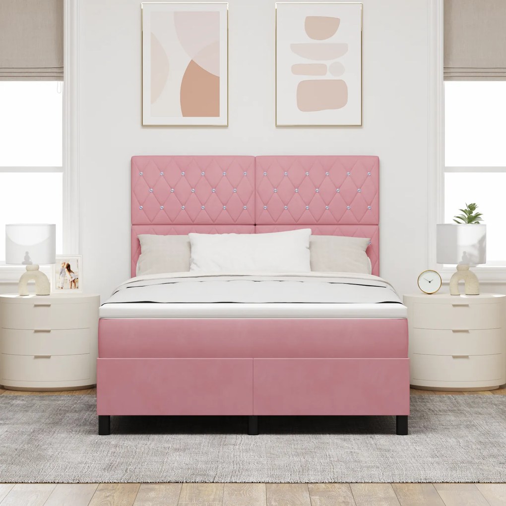 vidaXL κρεβάτι box spring με στρώμα & LED ροζ 140x200 εκ. βελούδο
