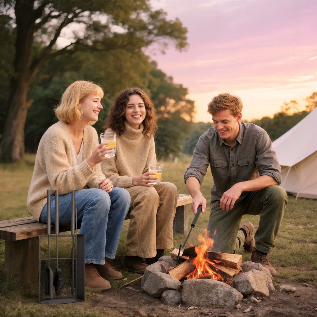 Σετ εργαλείων τζακιού Outsunny 5 τεμαχίων, αξεσουάρ τζακιού με σκούπα, φτυάρι, γάντζο, τσιμπίδα, βάση, μέταλλο, μαύρο