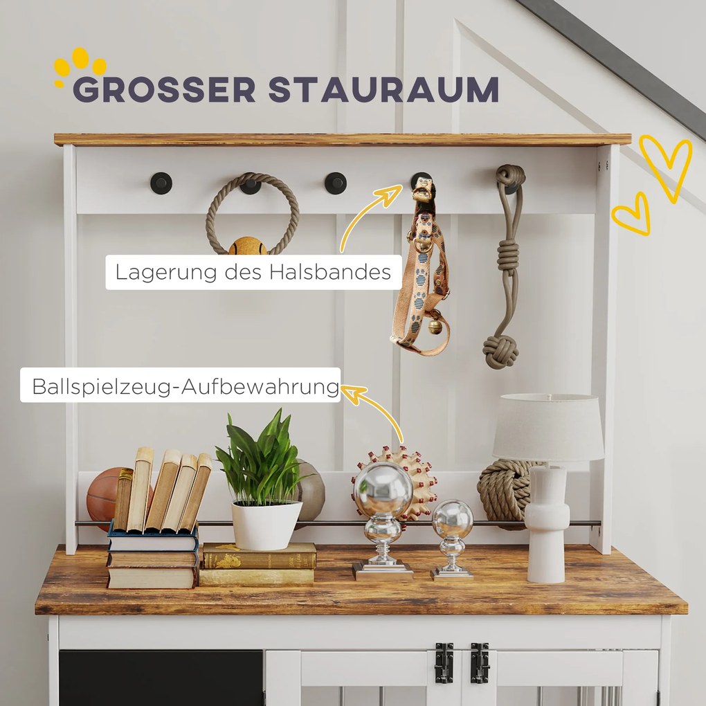 PawHut Κλουβί σκύλου με ράφι αποθήκευσης για παιχνίδια, γάντζους για λουριά, πίνακα γραφής, σβήστρα, για μεγάλους σκύλους, Λευκό