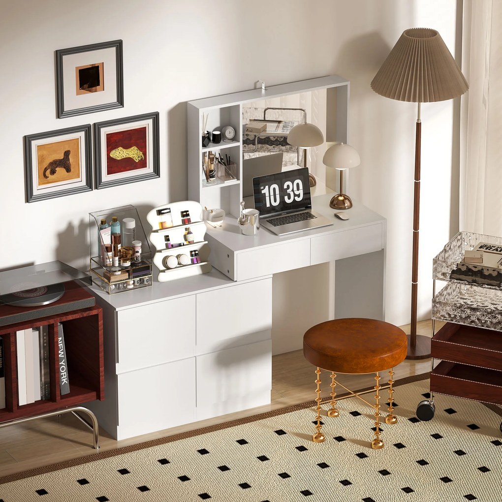 HOMCOM Τουαλέτα μακιγιάζ, τραπέζι μακιγιάζ με μεγάλο καθρέφτη, 4 συρτάρια, 3 ανοιχτά ράφια, 2 ντουλάπια, MDF, λευκό