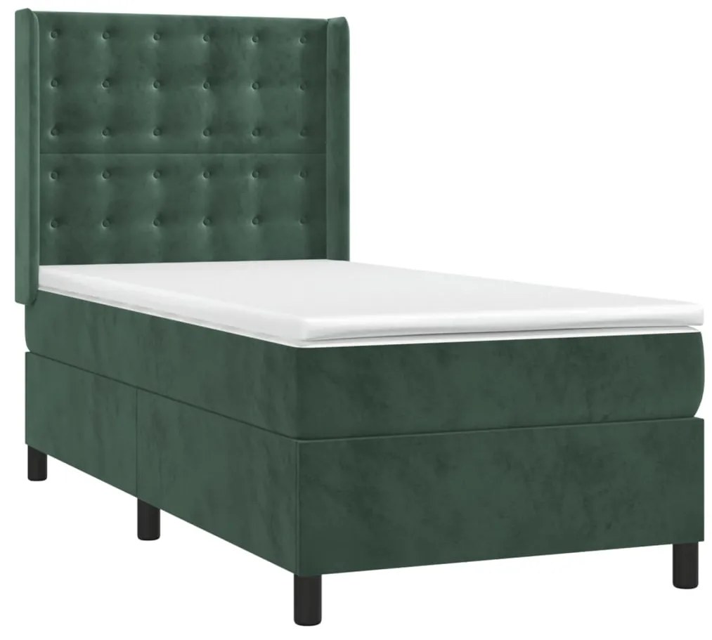 vidaXL Κρεβάτι Boxspring με Στρώμα Σκούρο Πράσινο 90x200 εκ. Βελούδινο