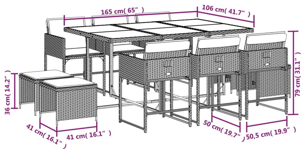 vidaXL Σετ Τραπεζαρίας Κήπου 11 τεμ. Καφέ Συνθετικό Ρατάν με Μαξιλάρια
