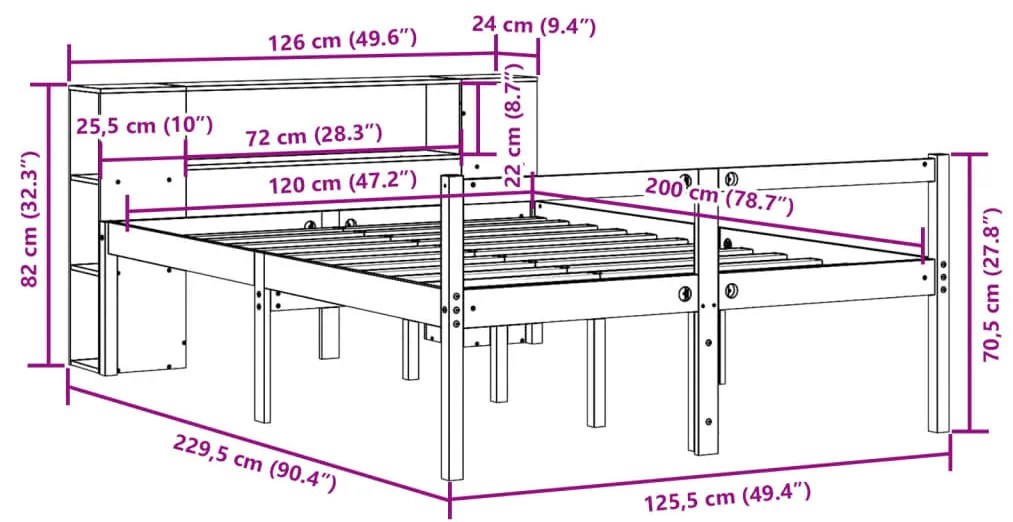 Κρεβάτι Βιβλιοθήκη Χωρίς Στρώμα Καφέ 120x200 εκ Μασίφ Πεύκο - Καφέ