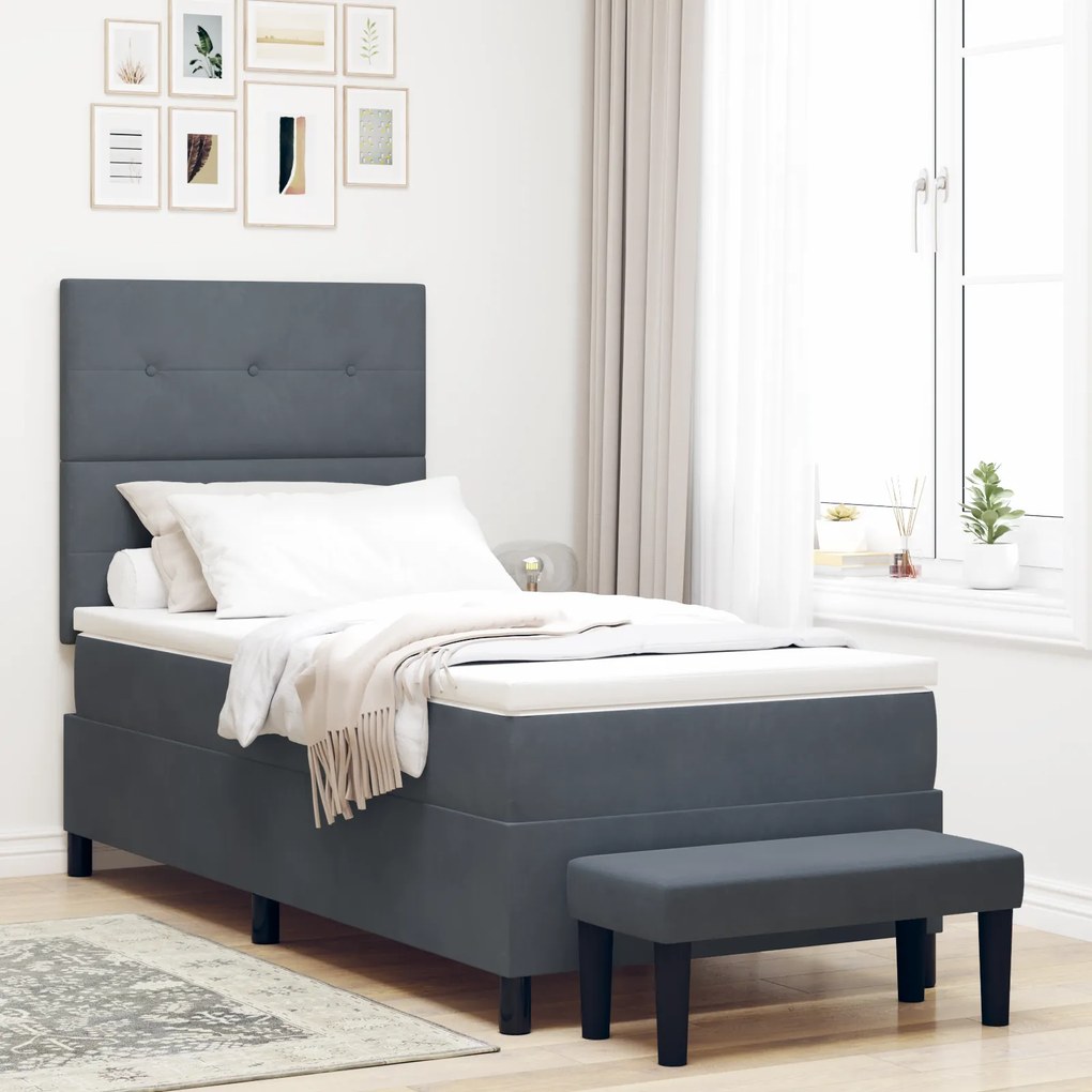 vidaXL Κρεβάτι Box Spring με Στρώμα & Παγκάκι Σκούρο Γκρι 100x200 εκ Βελούδο