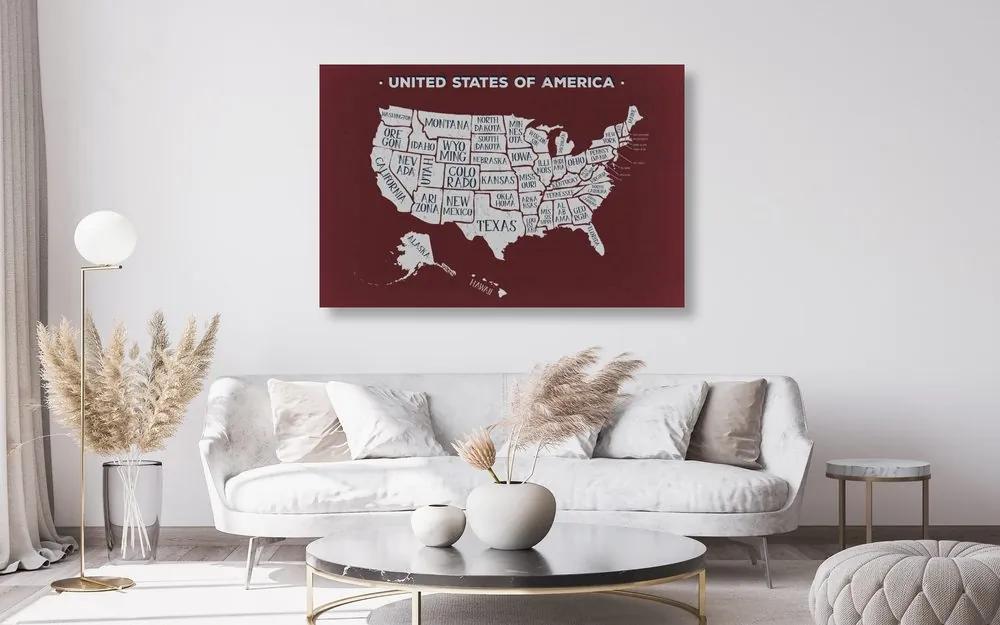Εικόνα στον εκπαιδευτικό χάρτη των ΗΠΑ από φελλό με φόντο μπορντό - 120x80  transparent