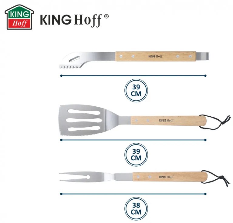 Σετ από 3 σκεύη BBQ Kinghoff KH 1918, Σπάτουλα, Σπάτουλα, Πιρούνι, Ξύλινες λαβές, Βρόχοι για κρέμασμα, Inox/καφέ