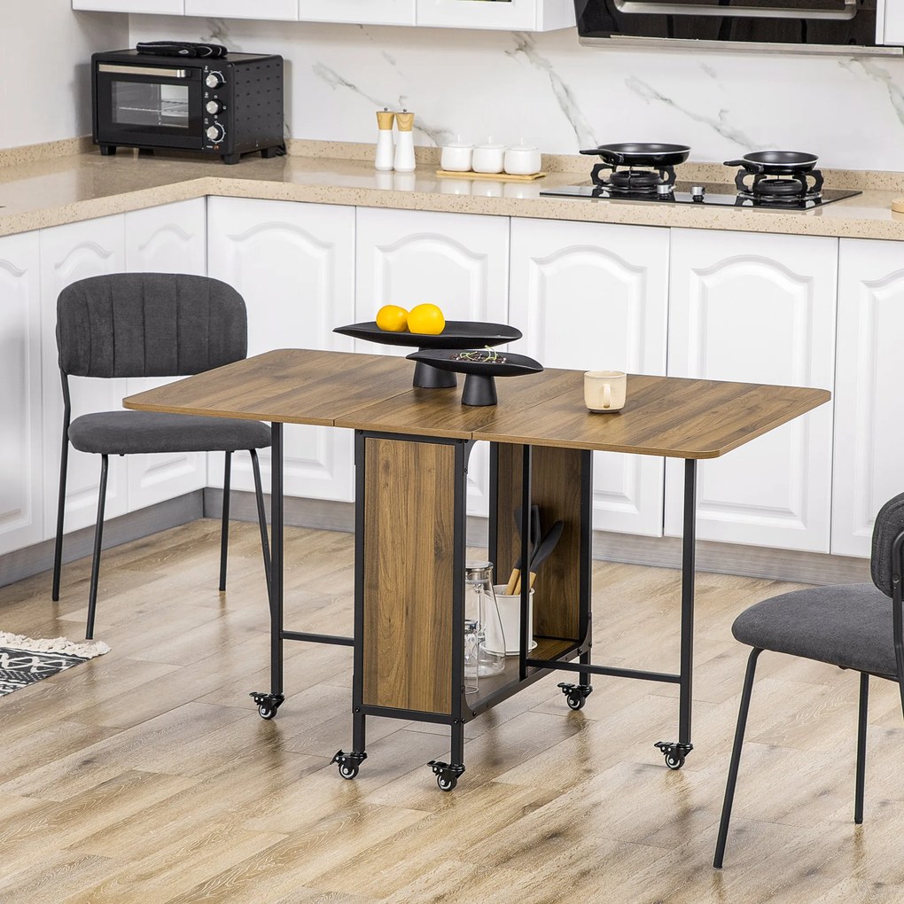 HOMCOM Κινητό Τραπέζι Πτυσσόμενο, 2 Πτυσσόμενες Επιφάνειες, 130 cm x 80 cm x 74 cm, Καφέ