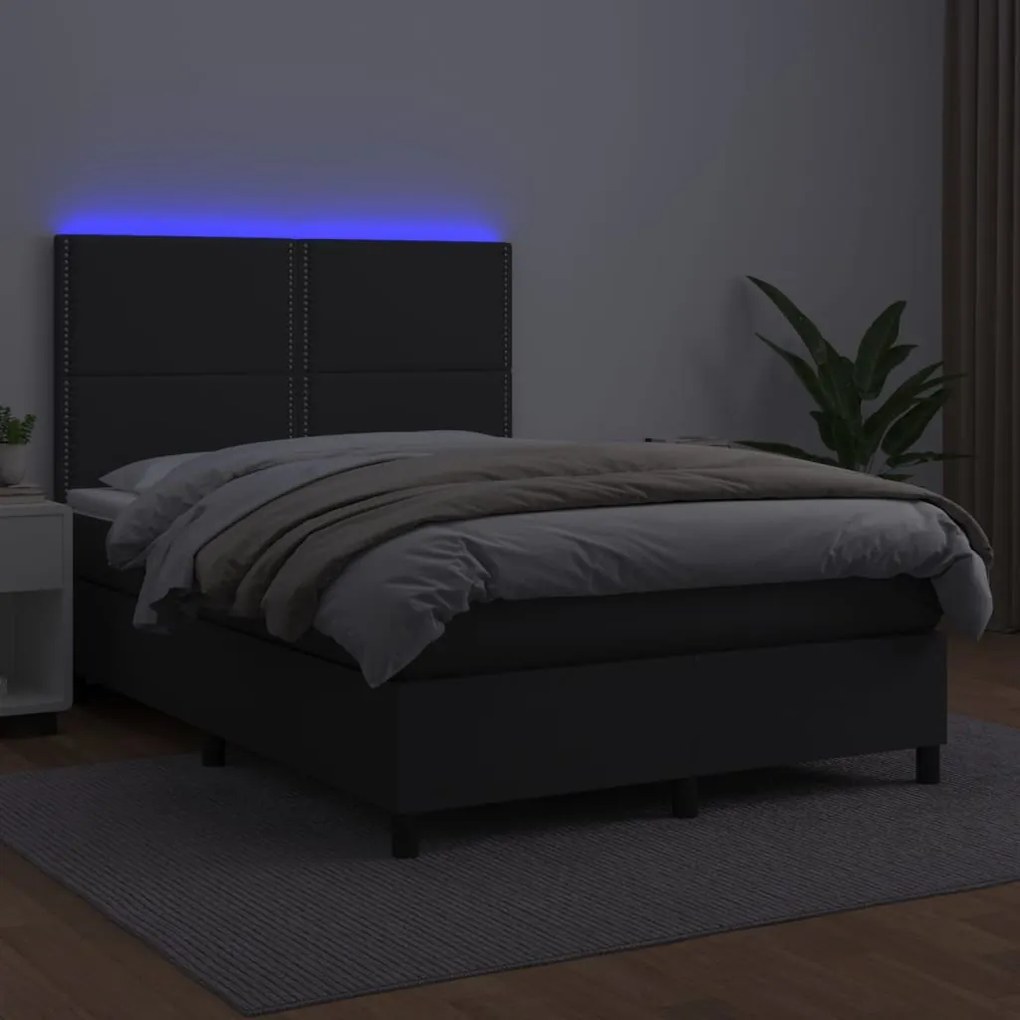 vidaXL Κρεβάτι Boxspring με Στρώμα & LED Μαύρο 140x200 εκ. Συνθ. Δέρμα
