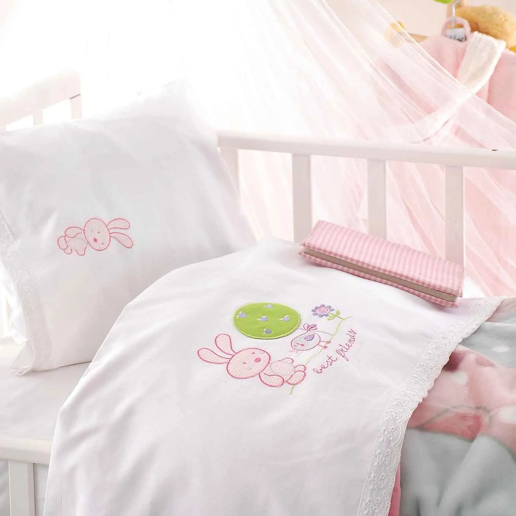 Σεντόνια Βρεφικά Σετ 3τμχ Sweet Summer White - Pink Ρυθμός Cradle 100x160cm Χωρίς Λάστιχο 100% Βαμβάκι