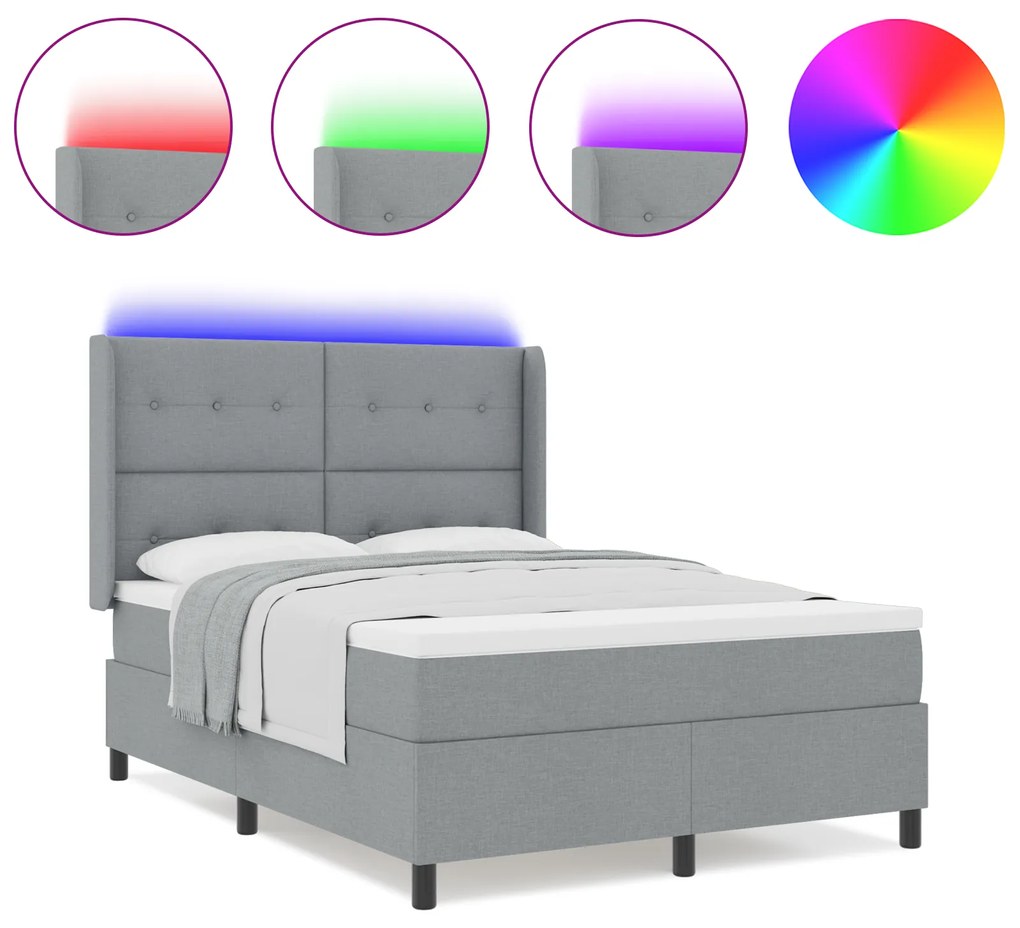 vidaXL Κρεβάτι Box Spring με Στρώμα & LED Φως Γκρι 140x200 εκ Ύφασμα