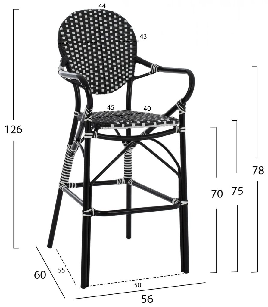 Σκαμπό Μπαρ C5794.02 Αλουμινίου Bamboo Look με Wicker Μαύρο - Λευκό 56x60x126 εκ. 56x60x126 εκ.