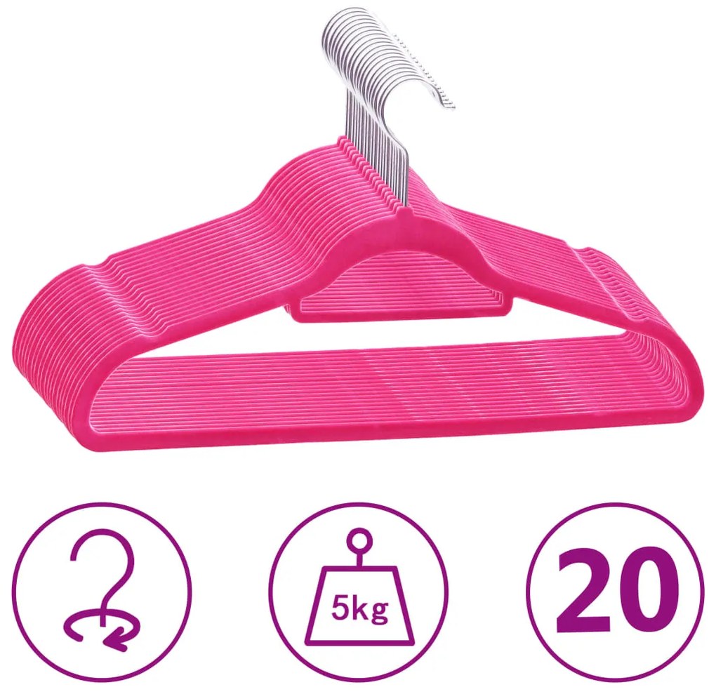 vidaXL Κρεμάστρες Ρούχων Σετ 20 τεμ. Αντιολισθητικές Ροζ Βελούδο