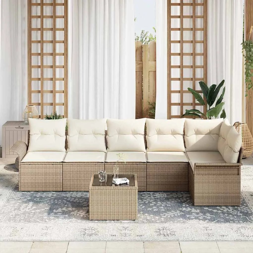 vidaXL Σετ Καναπέ Κήπου με μαξιλάρι 7 pcs Μπεζ Πολυ ράταν
