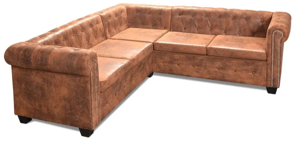 vidaXL Καναπές Γωνιακός Πενταθέσιος Chesterfield Καφέ Συνθετικό Δέρμα