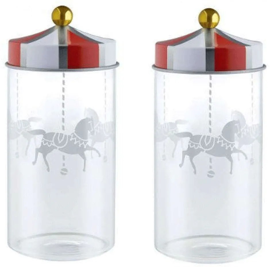 Βάζο Αποθήκευσης Circus (Σετ 2Τμχ) MW68S2 140ml Γυάλινο Με Καπάκι White-Red Alessi Μέταλλο,Γυαλί