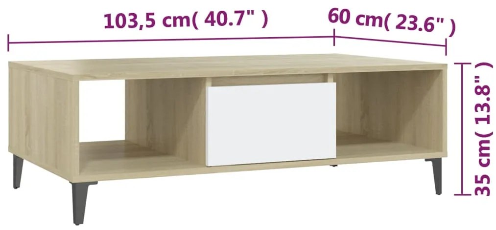 Τραπεζάκι Σαλονιού Λευκό/Sonoma Δρυς 103,5x60x35εκ. Επεξ. Ξύλο - Λευκό