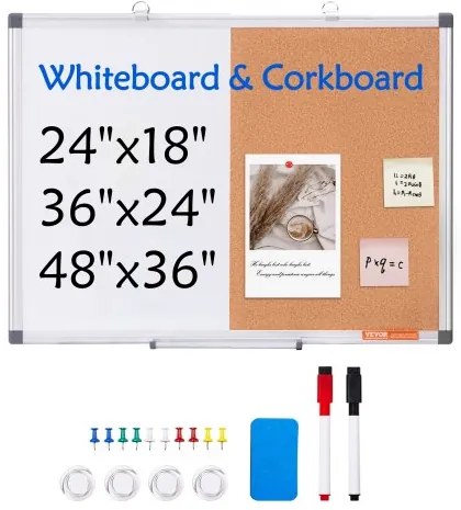 VEVOR 24"x 18" Whiteboard & Cork Board Combo with Aluminum Frame for School Home