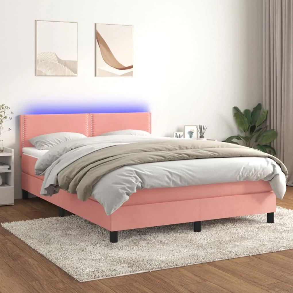 Κρεβάτι Boxspring με Στρώμα &amp; LED Ροζ 140x190 εκ. Βελούδινο