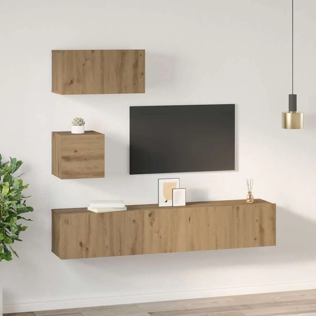 vidaXL Σετ επίπλου τηλεόρασης με ράφι Επιτοίχιο με αποθήκευση με πόρτα 4 pcs artisan δρυς