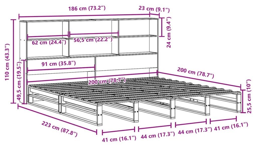 Κρεβάτι Βιβλιοθήκη Χωρίς Στρώμα 180x200 εκ Μασίφ Ξύλο - Λευκό