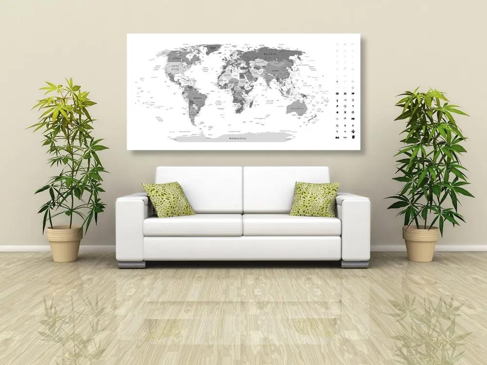 Εικόνα σε φελλό λεπτομερής παγκόσμιος χάρτης σε ασπρόμαυρο σχέδιο - 100x50  flags