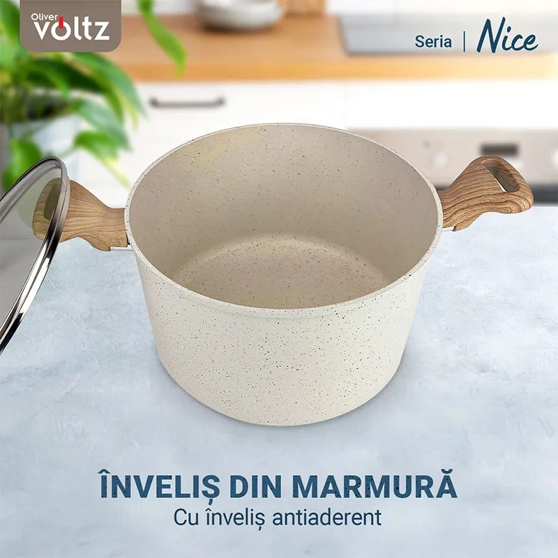 Κατσαρόλα Voltz Nice OV54418E20, 20x9.5 cm, 2.9 l, Μαρμάρινο φινίρισμα, Επαγωγή, Κρέμα μελανζέ