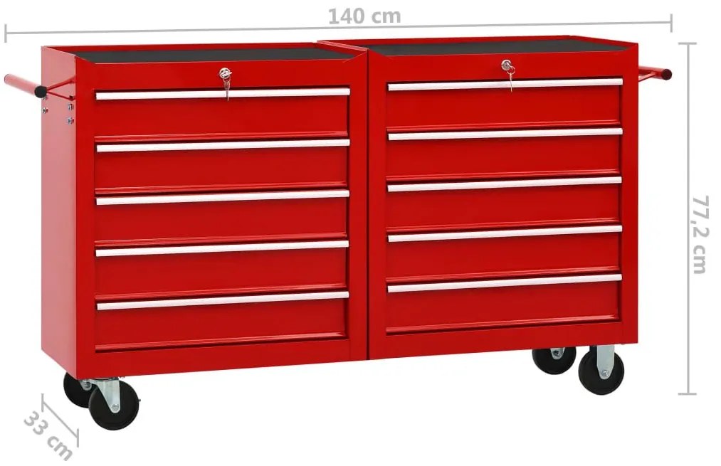 Εργαλειοφόρος Τροχήλατος με 10 Συρτάρια Κόκκινος Ατσάλινος - Κόκκινο