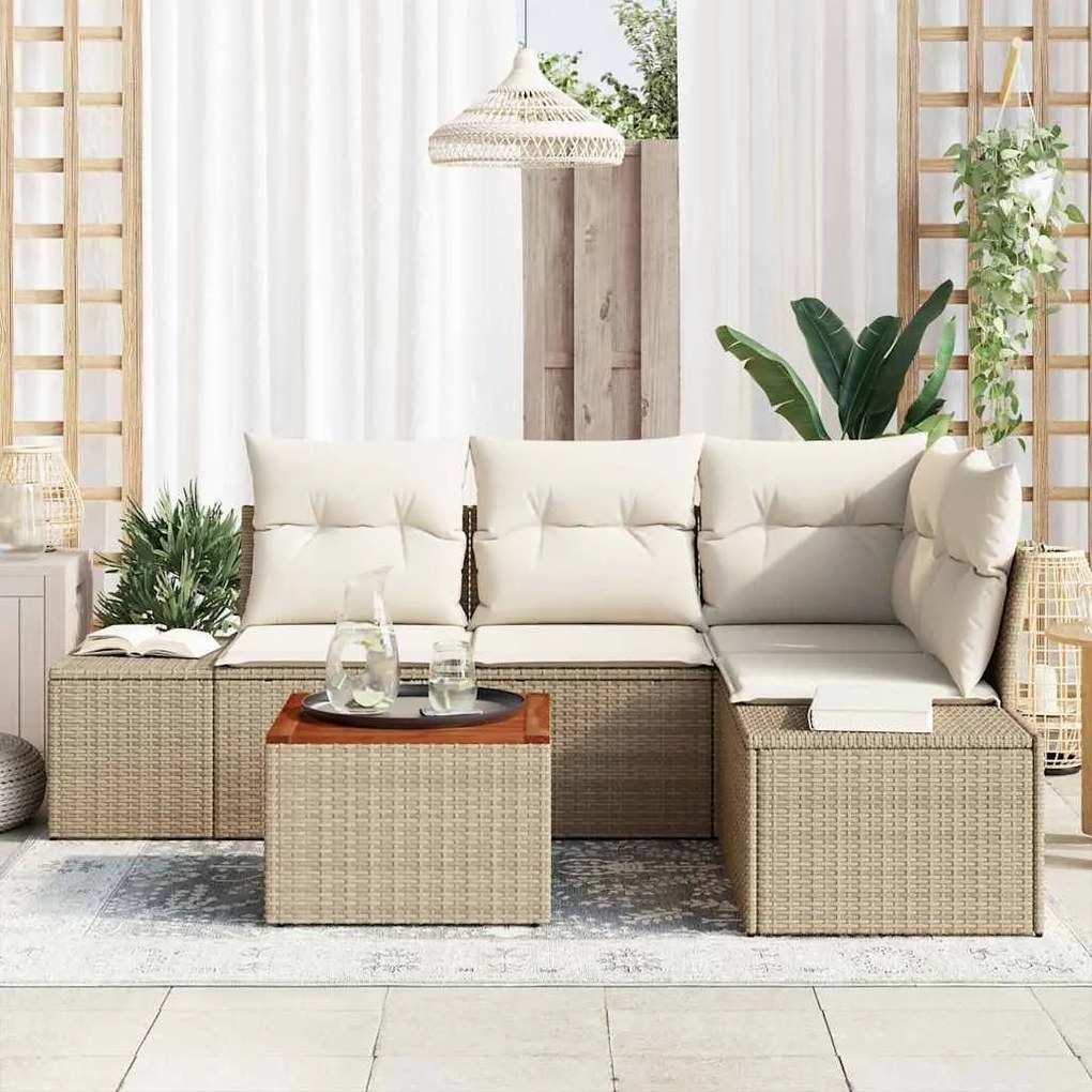 vidaXL Σετ Καναπέ Κήπου με μαξιλάρι 5 pcs Μπεζ Πολυ ράταν