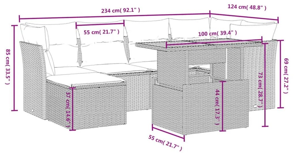 Καναπές Σετ 7 Τεμαχίων Μαύρο Συνθετικό Ρατάν με Μαξιλάρια - Μαύρο