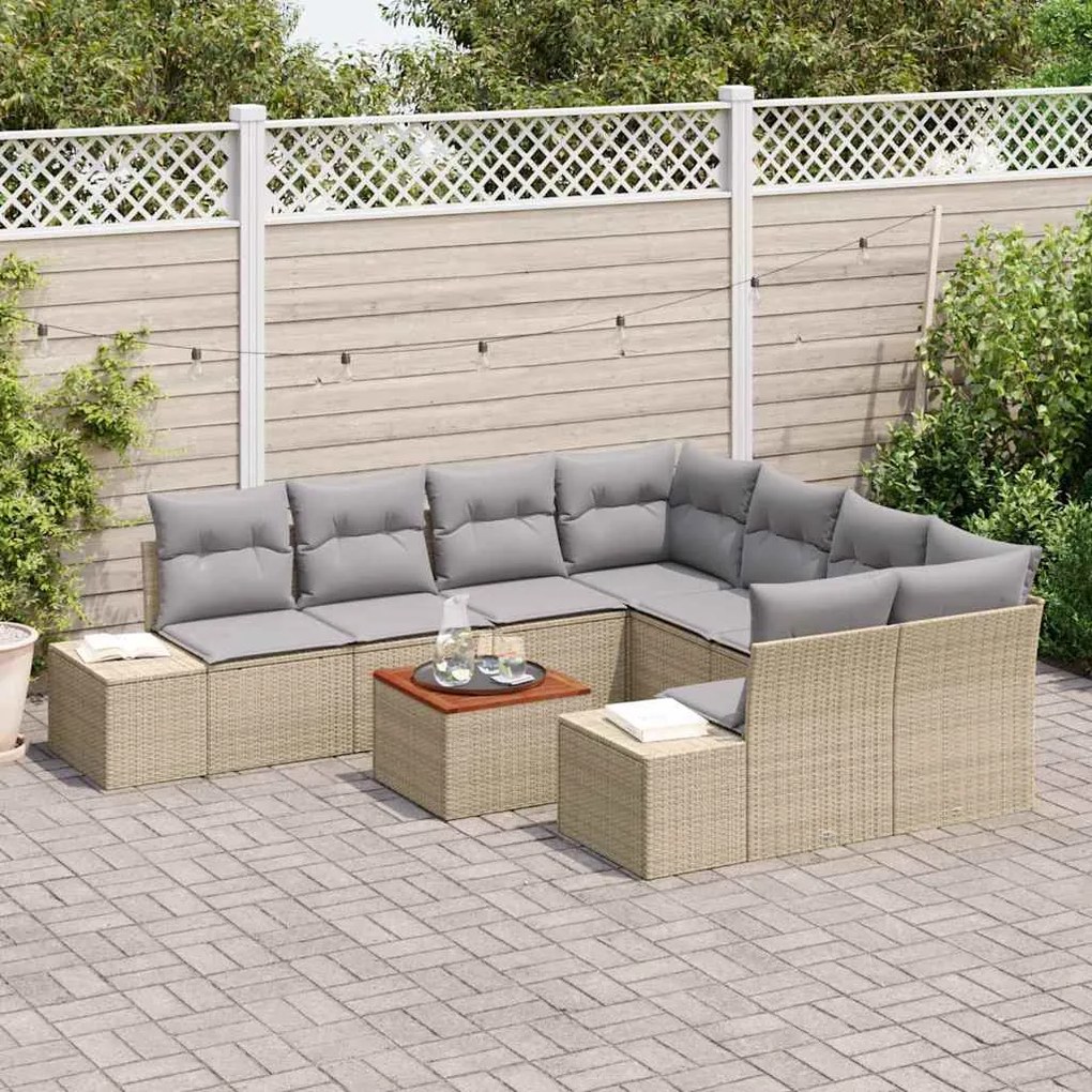 vidaXL Σετ Καναπέ Κήπου με μαξιλάρι 9 pcs Μπεζ Πολυ ράταν