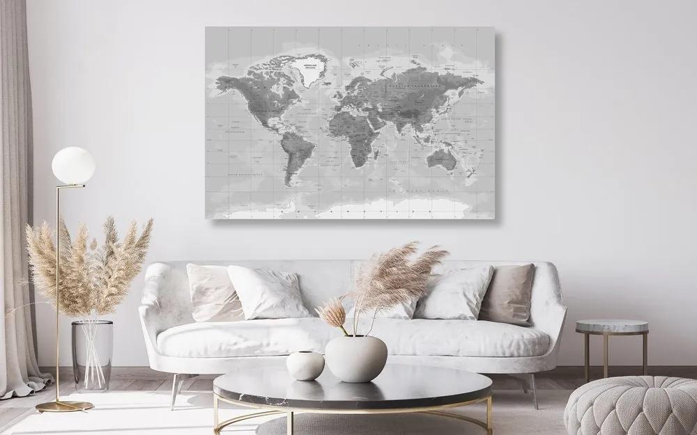 Εικόνα στο φελλό ενός όμορφου ασπρόμαυρου παγκόσμιου χάρτη - 120x80  arrow