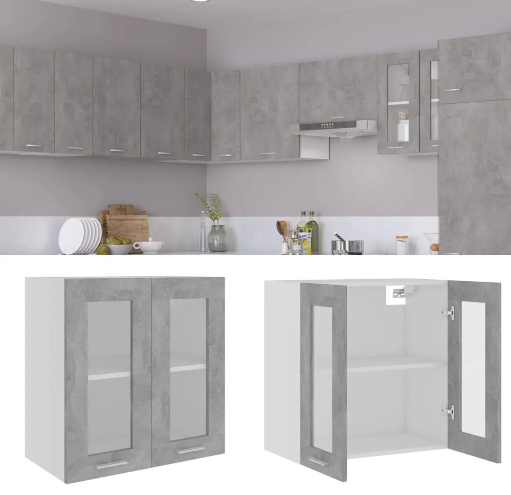 vidaXL Κρεμαστό Γυάλινο Ντουλάπι "Lyon" Γκρι Σκυρόδεμα 60x31x60 εκ. από Τεχνητό Ξύλο