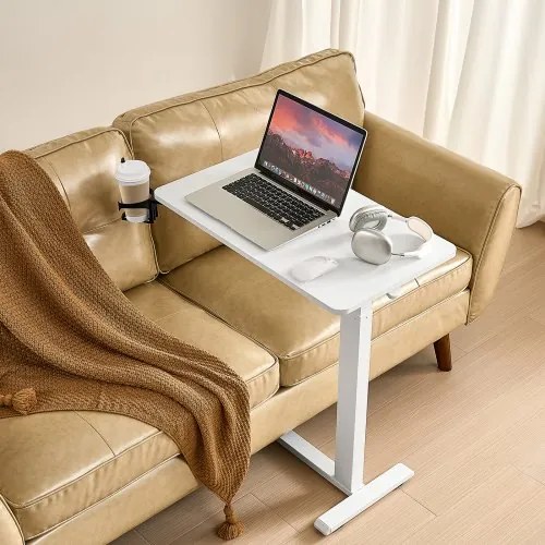 VEVOR Overbed Table Mobile Bed Side Desk with 4 Hidden Wheels Cup Holder White