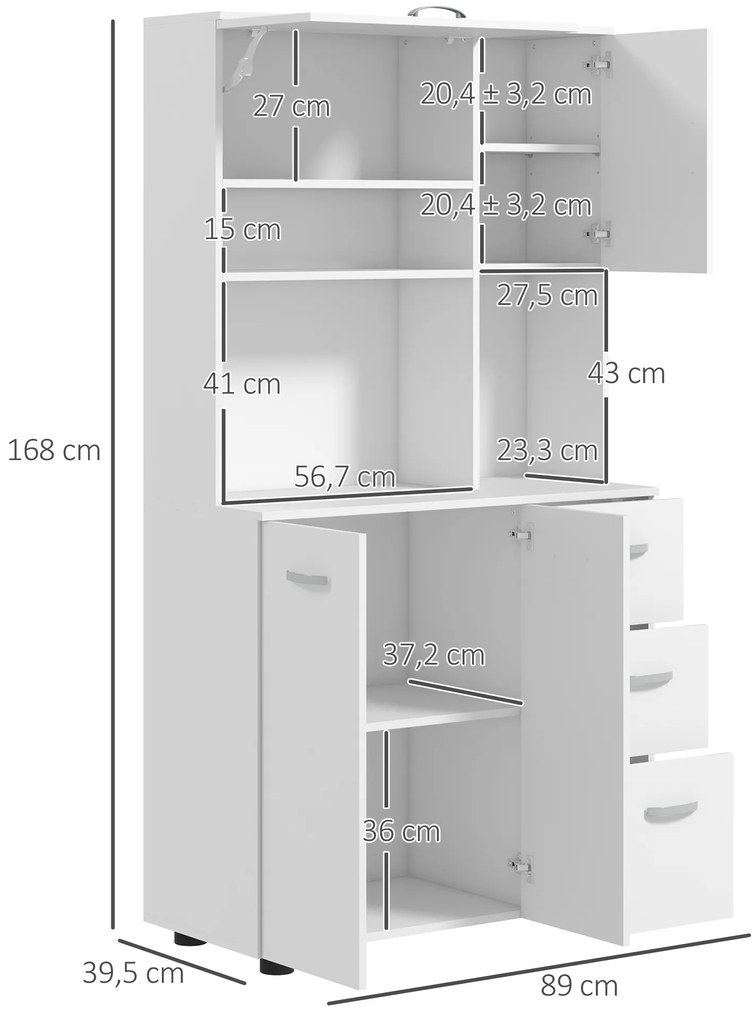 HOMCOM Ντουλάπι Κουζίνας, Μπουφές, 3 Συρτάρια, 3 Ράφια, Άφθονος Χώρος Αποθήκευσης, 89x39,5x168cm, Λευκό
