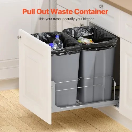 VEVOR Double Pullout Waste Container Kitchen Trash Can Soft Close Grey 35QTx2