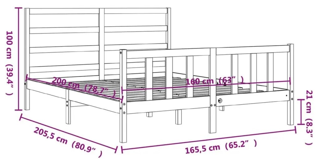 Σκελετός Κρεβατιού Χωρίς Στρώμα 160x200 εκ Μασίφ Ξύλο Πεύκου - Καφέ