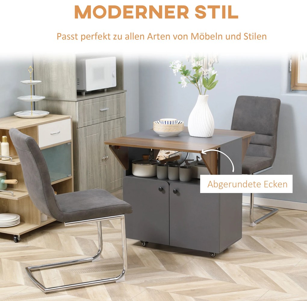 Πτυσσόμενο τραπέζι με ροδάκια, δύο πτυσσόμενες πλευρές τραπεζιού, ντουλάπι, 4 ροδάκια, Ανοιχτό Γκρι+Σκούρο Καφέ, 70 x 83 x 75cm