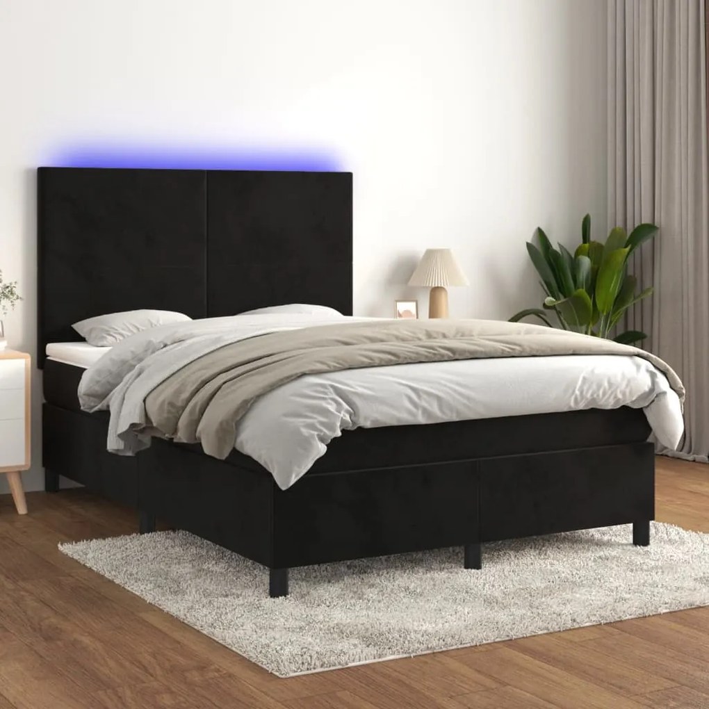 Κρεβάτι Boxspring με Στρώμα & LED Μαύρο 140x200 εκ. Βελούδινο