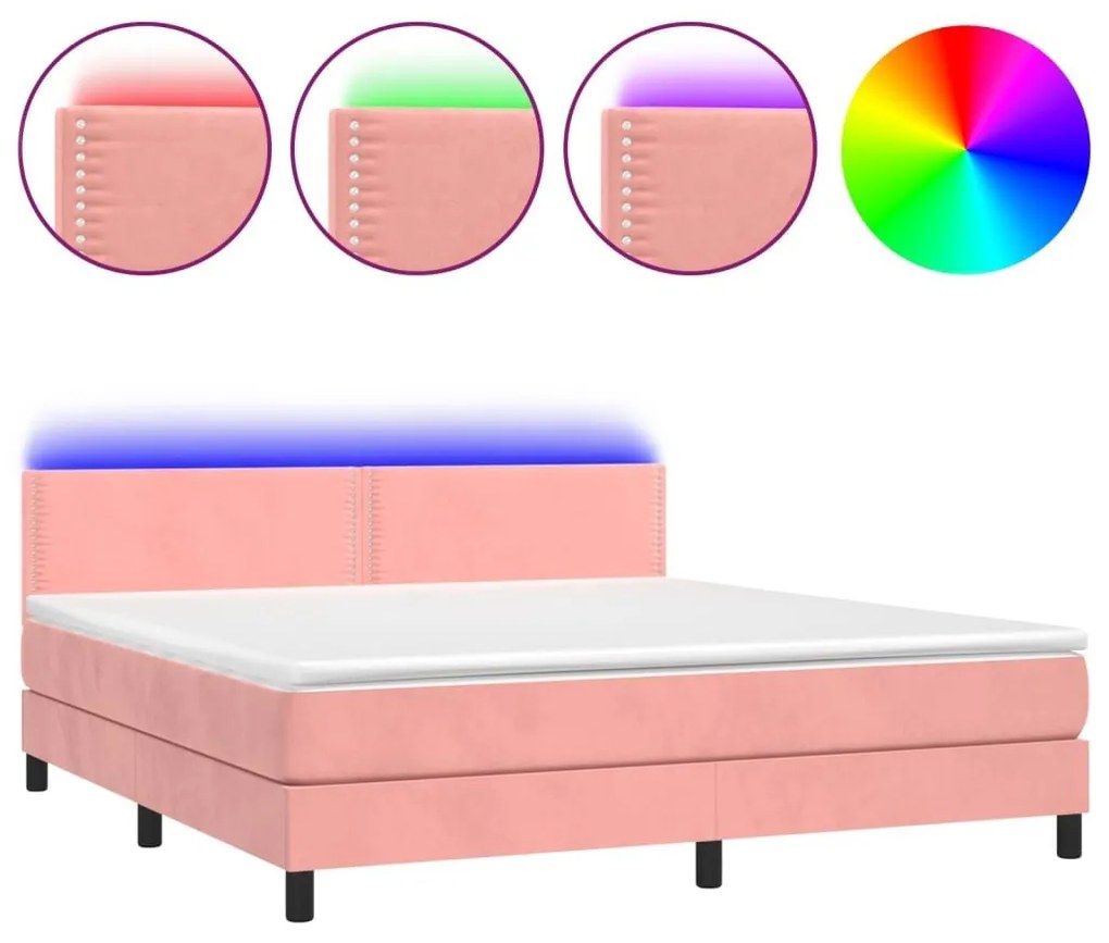 Κρεβάτι Boxspring με Στρώμα &amp; LED Ροζ 180x200 εκ. Βελούδινο - Ροζ