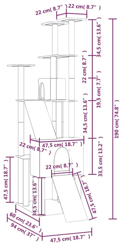 Γατόδεντρο Aνοιχτό Γκρι 190 εκ. με Στύλους Ξυσίματος από Σιζάλ - Γκρι