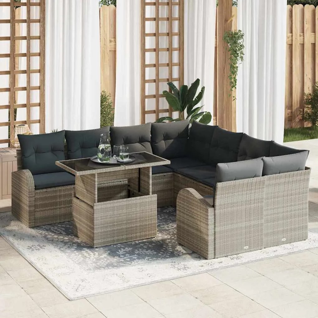 vidaXL Σετ Καναπέ Κήπου με μαξιλάρι 9 pcs Ανοιχτό γκρι Πολυ ράταν
