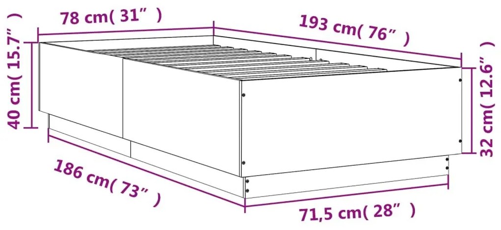 Πλαίσιο Κρεβατιού Γκρι Σκυροδέματος 75 x 190 εκ. Επεξεργ. Ξύλο - Γκρι