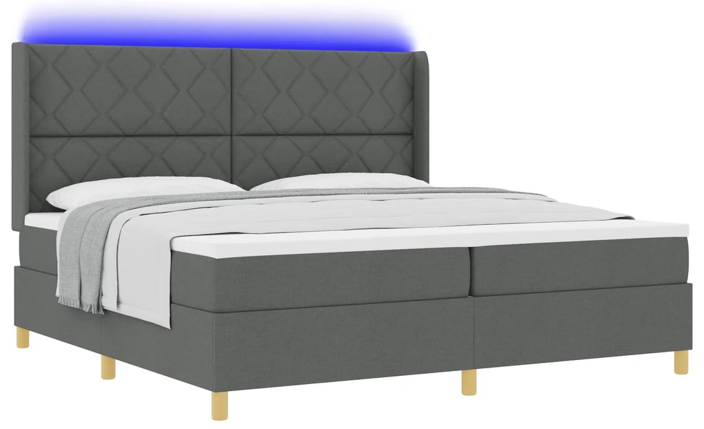 vidaXL κρεβάτι Box Spring με στρώμα και LED γκρι σκούρο 200x200 εκ ύφασμα