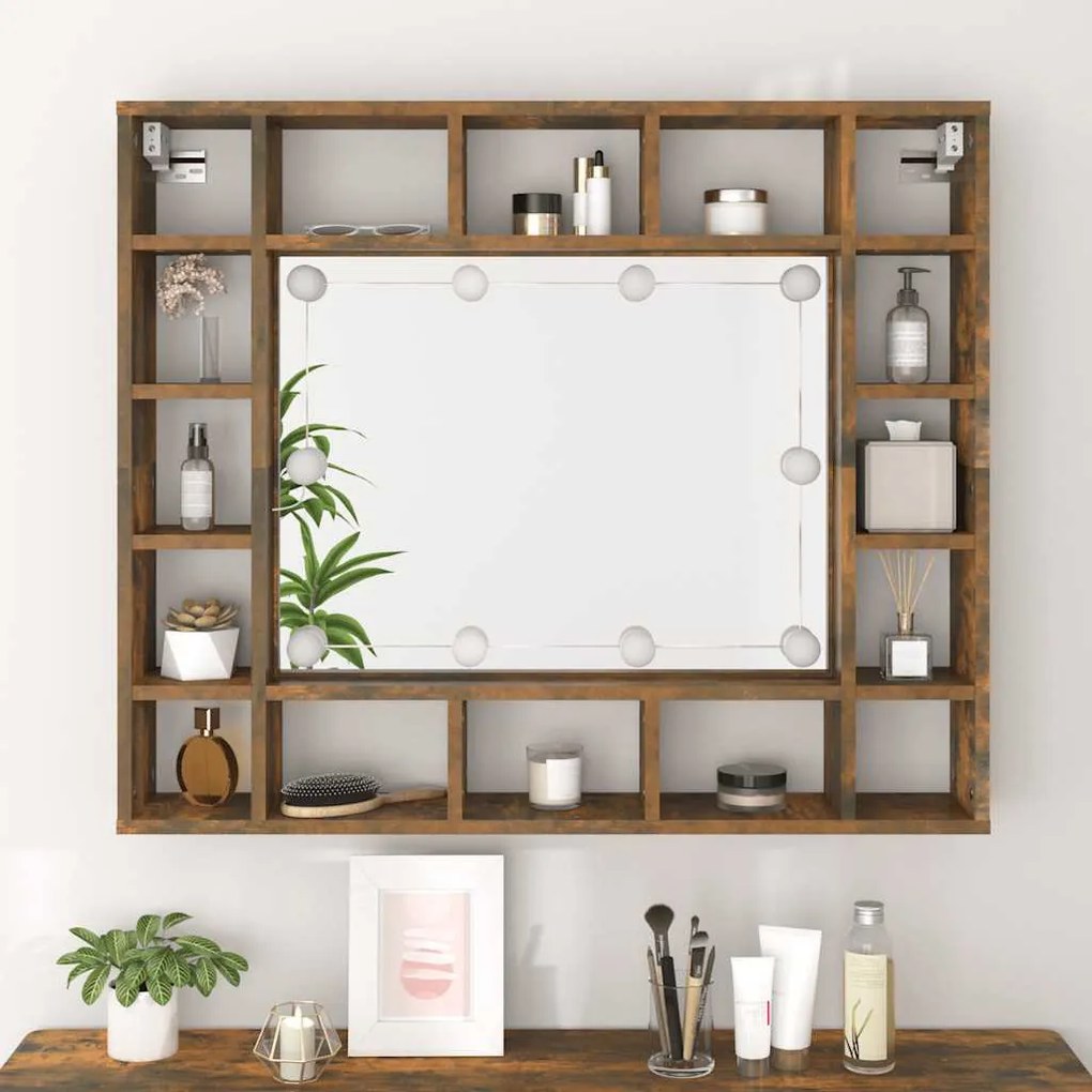 vidaXL Έπιπλο Καθρέπτη με LED Καπνιστή Δρυς 91x15x76,5 εκ.