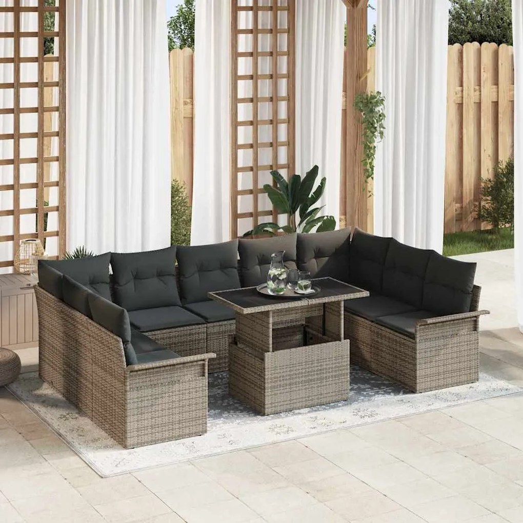 vidaXL Σετ Καναπέ Κήπου με μαξιλάρι 10 pcs Γκρι Πολυ ράταν