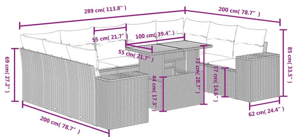 vidaXL Σαλόνι Κήπου Σετ 10 Τεμαχίων Μαύρο Συνθετικό Ρατάν με Μαξιλάρια