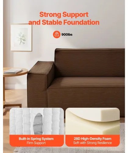 VEVOR 2110 mm Modern Sofa, Comfy Corduroy Couch with Deep Seats, Cloud Sofa with Wide Armrests, No Assembly Required, Large Plush Couch Ideal for Living Room, Bedroom, Apartment and Office, Brown