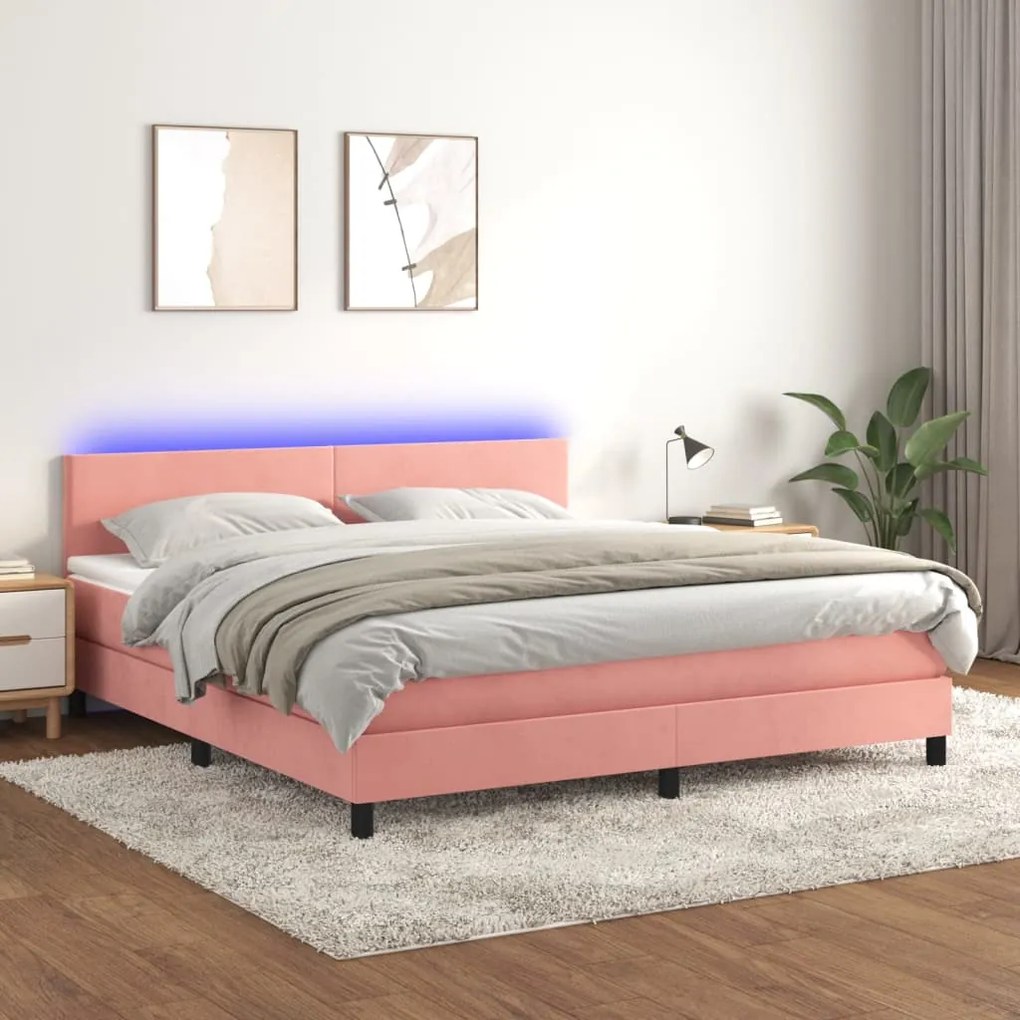 Κρεβάτι Boxspring με Στρώμα &amp; LED Ροζ 160x200 εκ. Βελούδινο