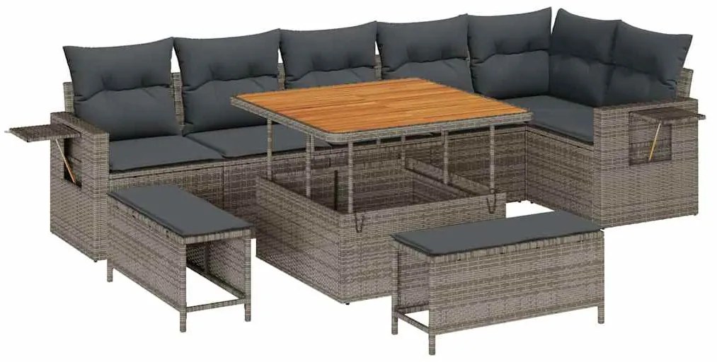 vidaXL Σετ Καναπέ Κήπου με αποθήκευση 9 pcs Γκρι Πολυ ράταν